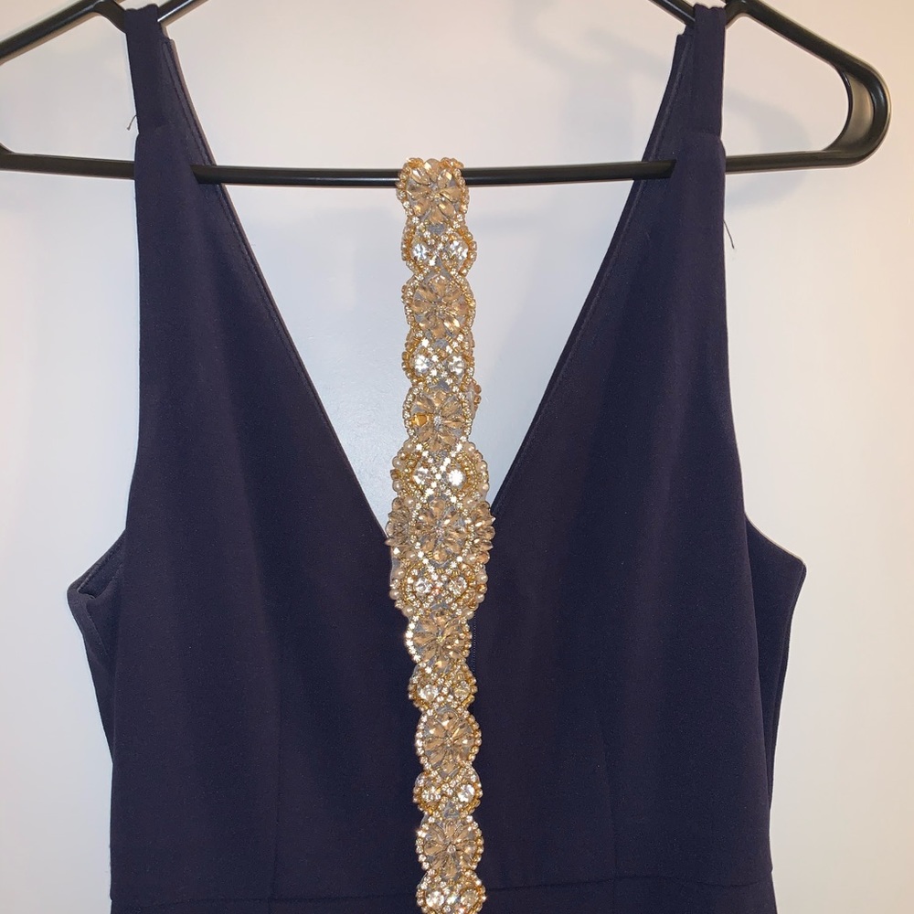 Dark navy full length mermaid gown w/ jeweled belt